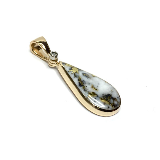 Gold quartz necklace tear drop inlaid pendant made of 14k yellow gold with .02ct diamond