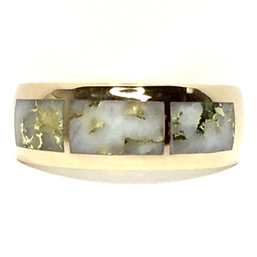 Gold Quartz Ring 3 Section Rectangle Inlaid Design Band 14k Yellow Gold