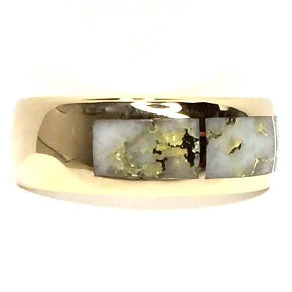 Gold Quartz Ring 3 Section Rectangle Inlaid Design Band 14k Yellow Gold