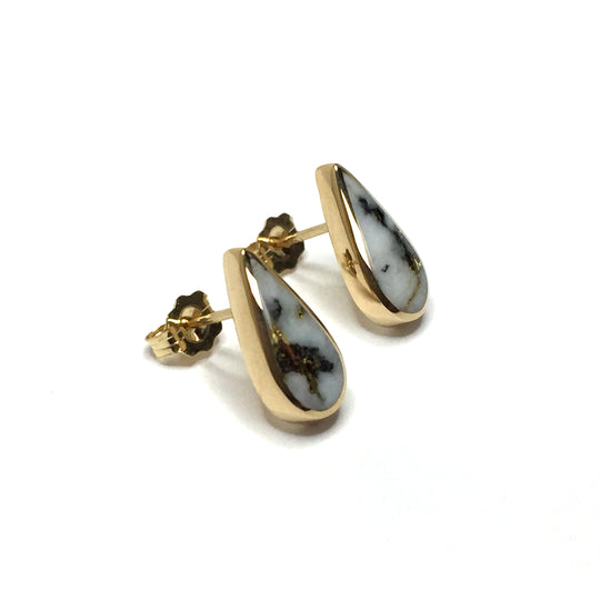 Gold quartz earrings tear drop inlaid studs 14k yellow gold