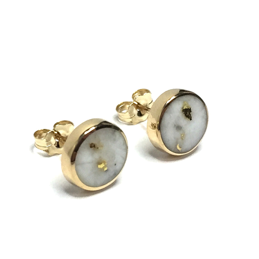 Gold Quartz Earrings 9mm Round Inlaid Studs 14k Yellow Gold