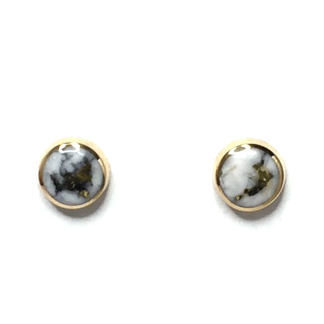 Gold Quartz Earrings 6mm Round Inlaid Studs 14k Yellow Gold