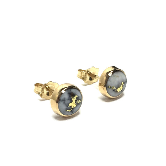 Gold Quartz Earrings 6mm Round Inlaid Studs 14k Yellow Gold