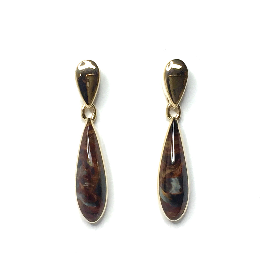 Natural pietersite inlaid tear drop design earrings