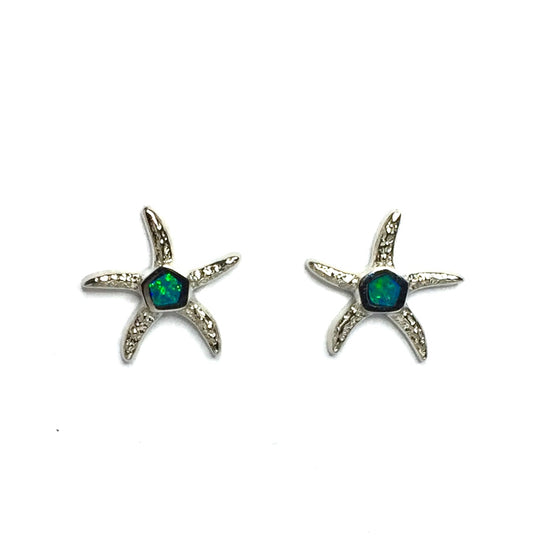 Opal Earrings Inlaid Realistic Star Fish Design Studs 14k White Gold