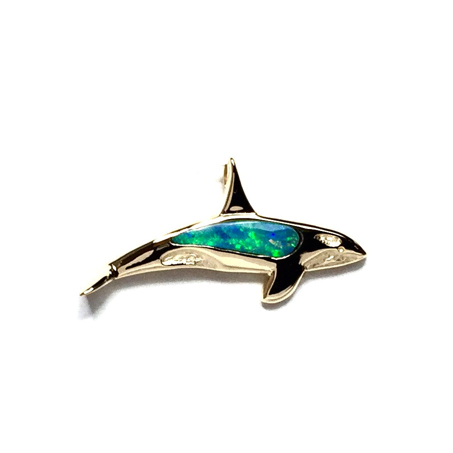 Opal Pendant Inlaid Realistic Orca Whale Design 14k Yellow Gold