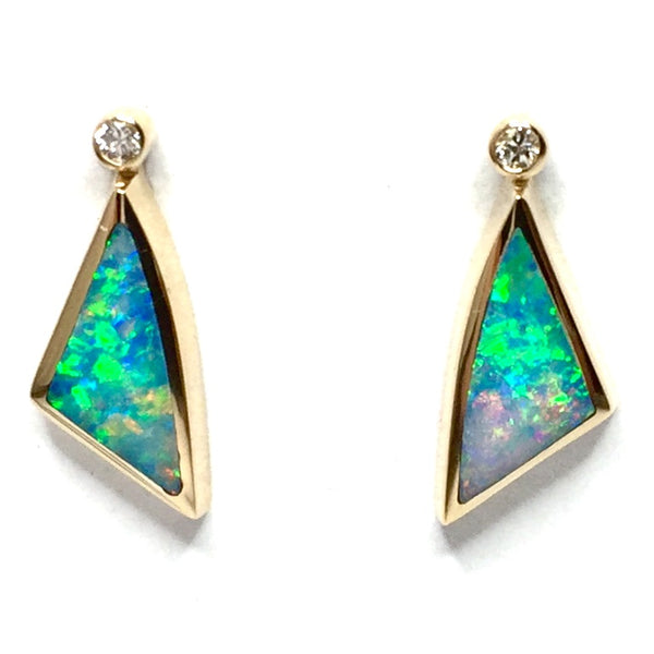 Opal Earrings Triangle Inlaid Design with .04ctw Round Diamonds 14k yellow Gold