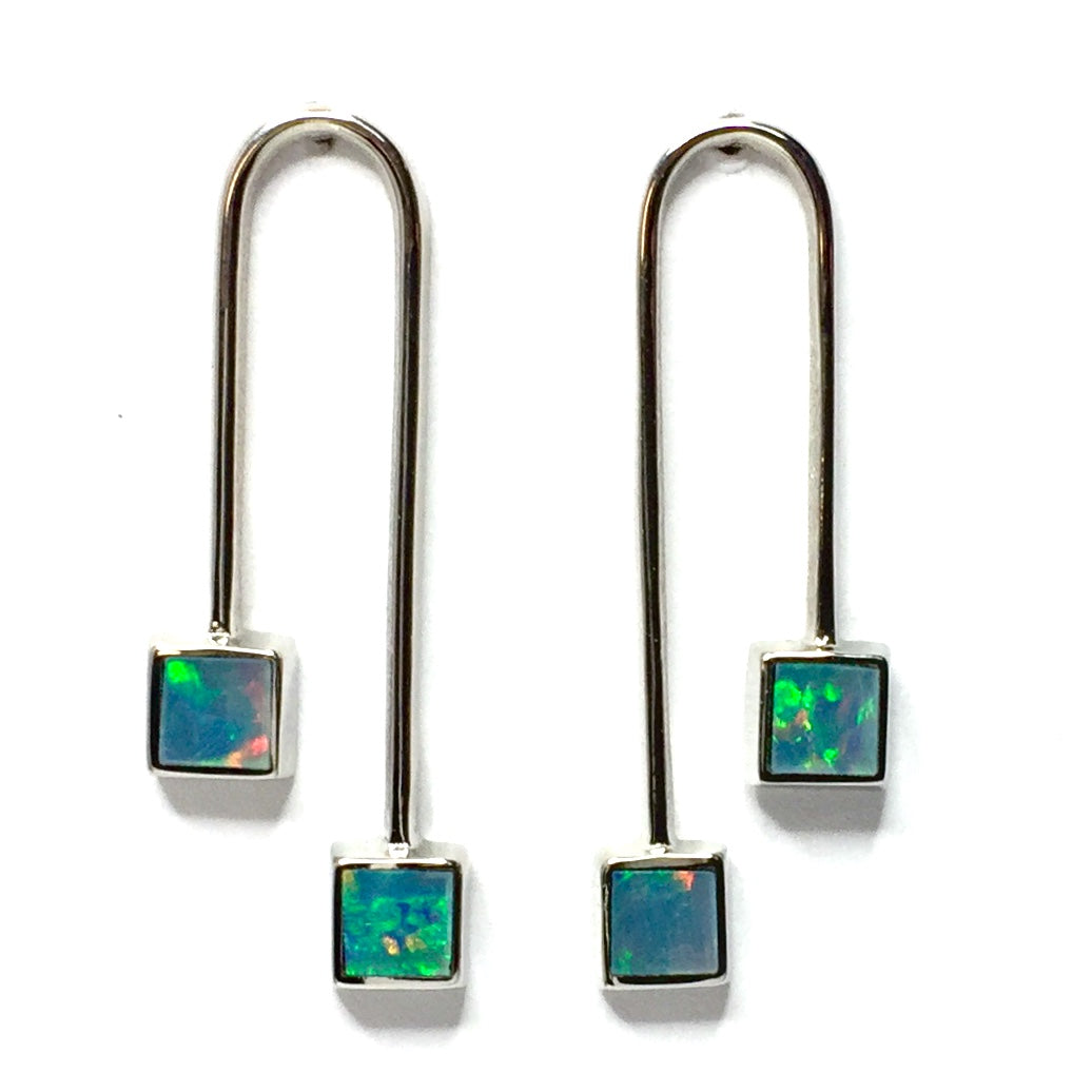 Opal Earrings Curved Bar Double Square Inlaid Ends Design Studs 14k White Gold