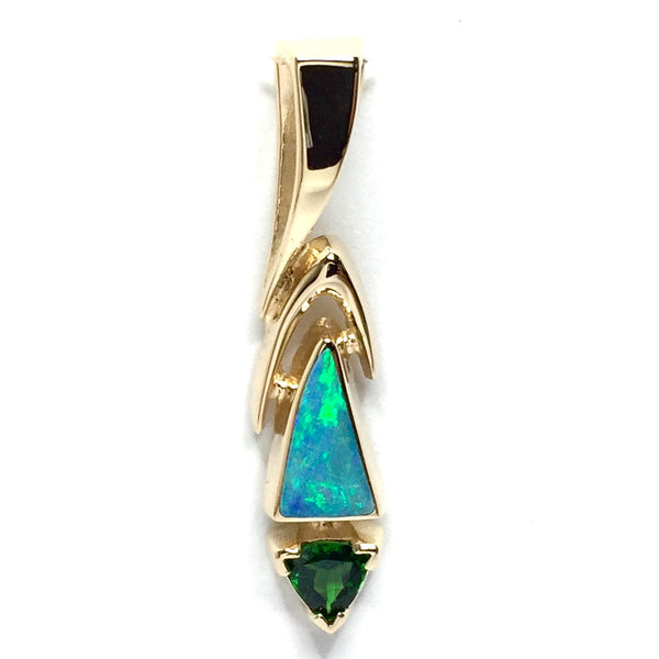 Natural Australian Opal Pendant Triangle Inlaid Design with Trillion Cut Green Tsavorite 14k Yellow Gold