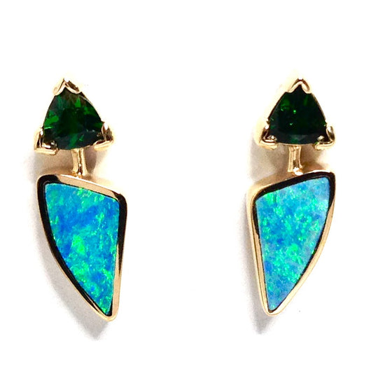 Opal Earrings Triangle Inlaid Design Trillion Cut Tsavorite Studs 14k Yellow Gold