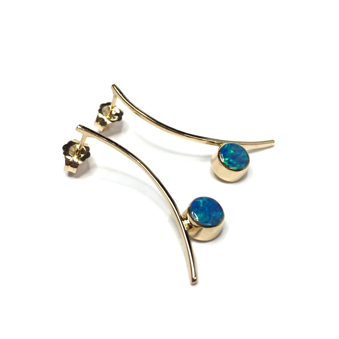 Opal Earrings Round Inlaid Curved Bar Design Studs 14k Yellow Gold