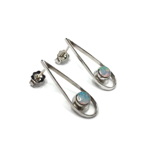 Opal Earrings Round Inlaid Open Tear Drop Studs 14k White Gold