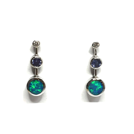 Opal Earrings Round Inlaid Tanzanite .04ctw Round Diamonds 14k White Gold