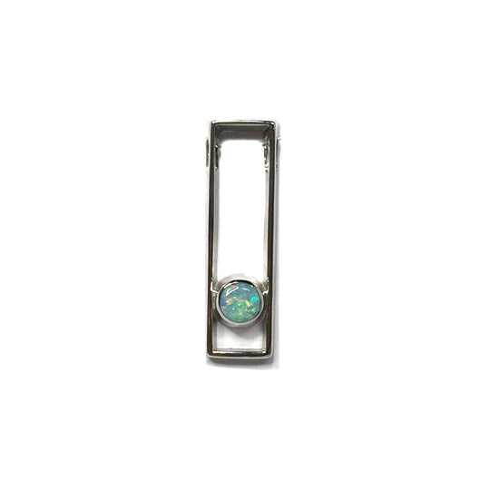 Opal Pendant Round Inlaid Open Rectangle Design 14k White Gold