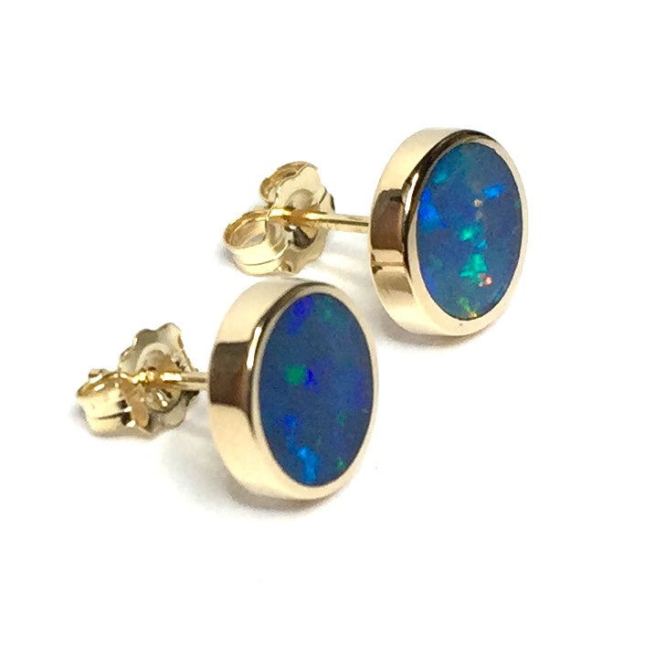 Opal Earrings 9mm Round Inlaid Design Studs 14k Yellow Gold
