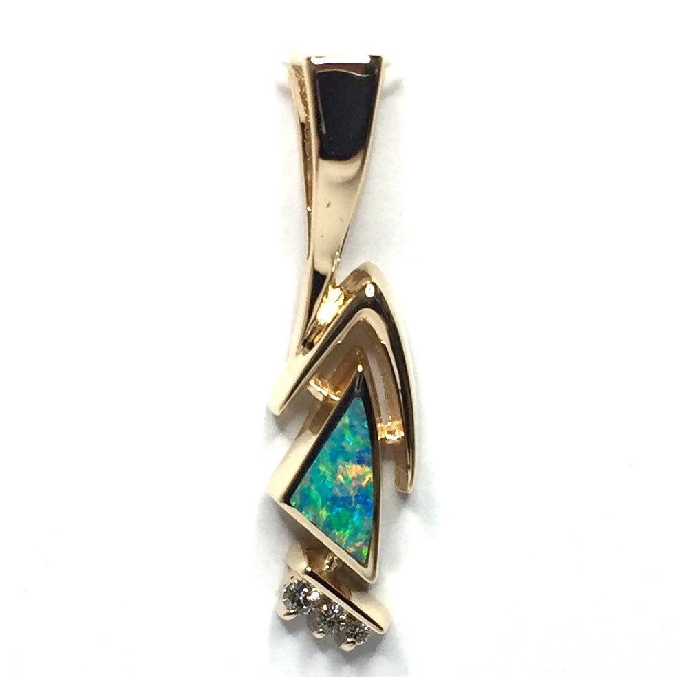Opal Pendant Triangle Inlaid Design .07ctw Round Diamonds 14k Yellow Gold