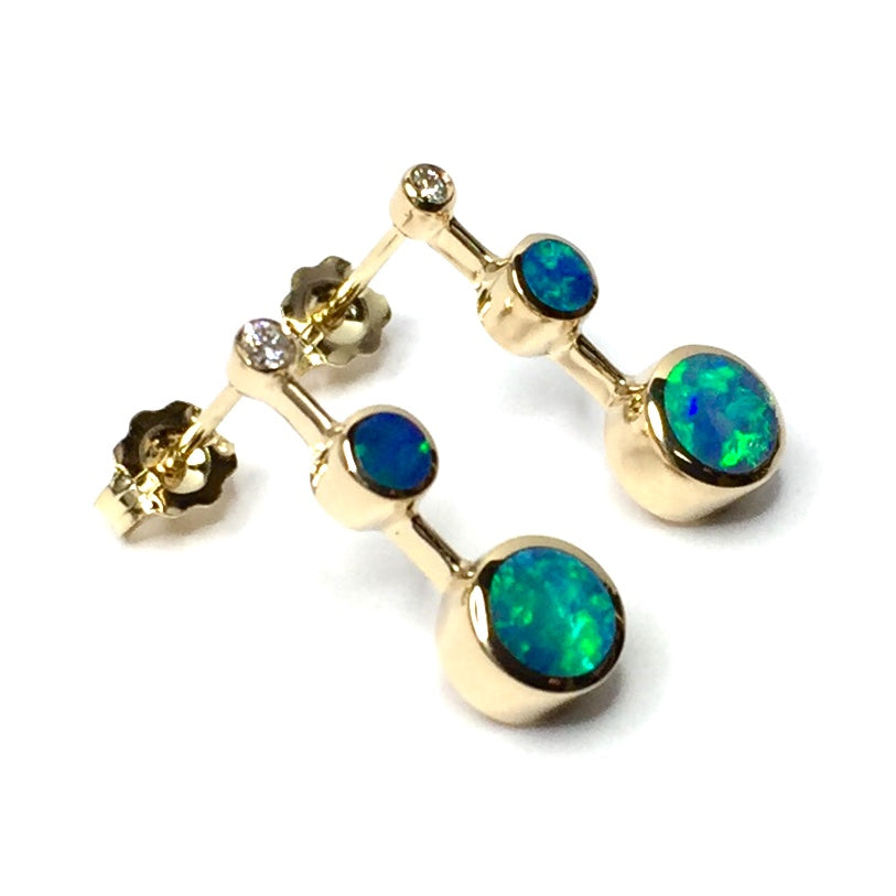 Opal Earrings Round Inlaid Tanzanite .04ctw Round Diamonds 14k Yellow Gold