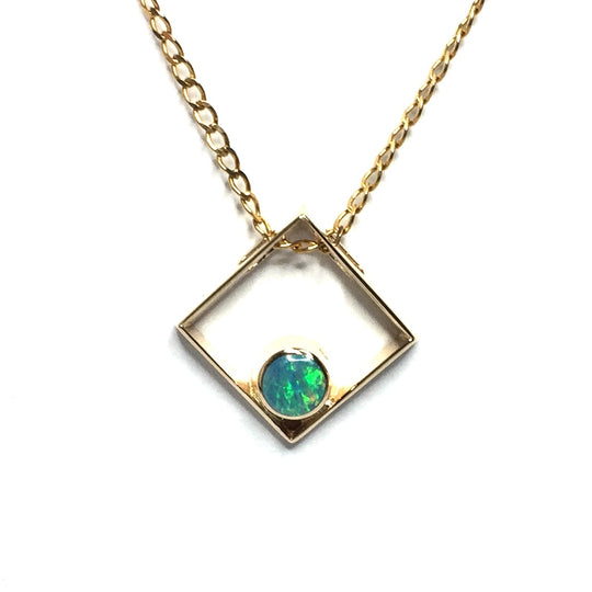 Opal Pendant Round Inlaid Open Diamond Shape Design 14k Yellow Gold