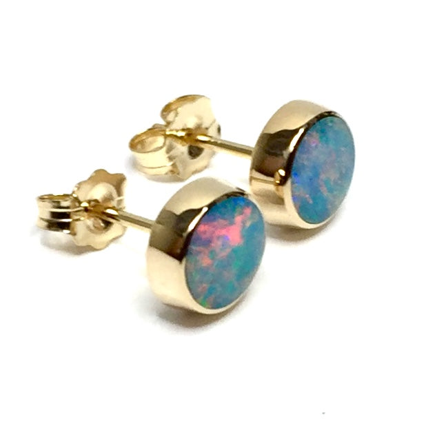 Opal Earrings 6mm Round Inlaid Design Studs 14k Yellow Gold
