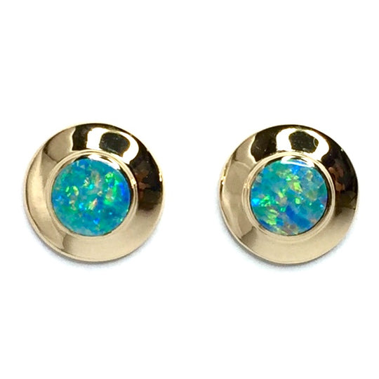 Opal Earrings Round Inlaid Design Studs 14k Yellow gold