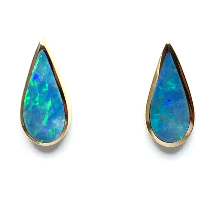 Opal Earrings Tear Drop Inlaid Design Studs 14k Yellow Gold