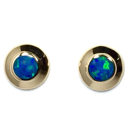 Opal Earrings Round Inlaid Design Studs 14k Yellow Gold