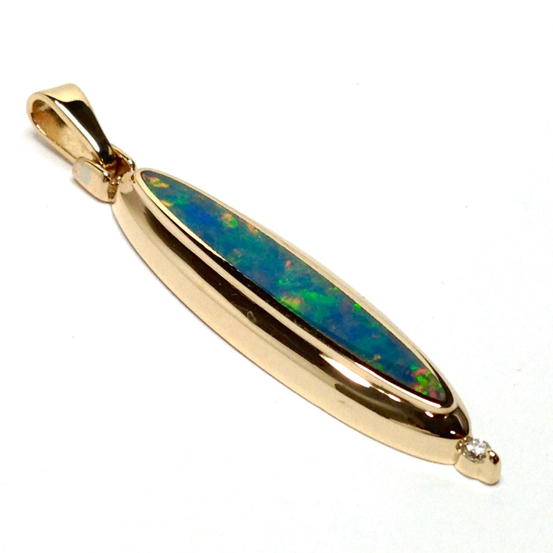 Opal Pendant Long Oval Inlaid Design .02ct Round Diamond 14k Yellow Gold