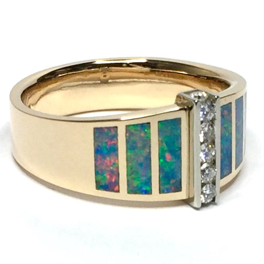 Natural Australian Opal Rings 6 Section Inlaid .19ctw Round Diamonds 14k Yellow Gold