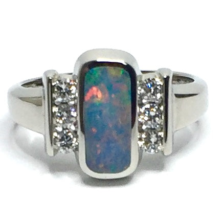 Natural Australian Opal Rings Oval Inlaid Design .24ctw Round Diamonds 14k White Gold
