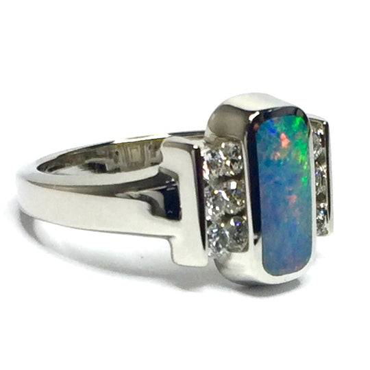 Natural Australian Opal Rings Oval Inlaid Design .24ctw Round Diamonds 14k White Gold