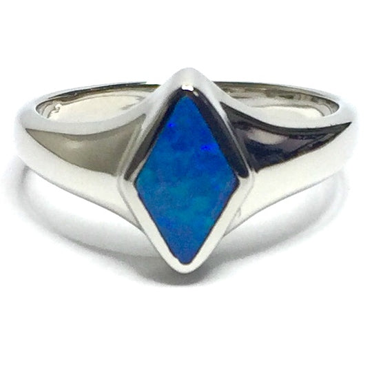 Opal Rings Diamond Shape Inlaid Design 14k White Gold