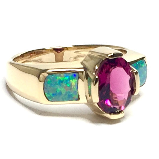 Natural Australian Opal Rings 2 Section Inlaid Oval Pink Tourmaline 14k Yellow Gold