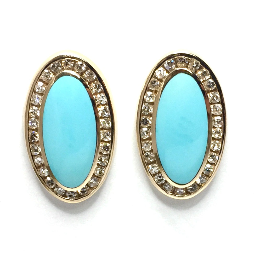 Sleeping Beauty Turquoise Oval Inlaid .73Ctw Diamond Earrings
