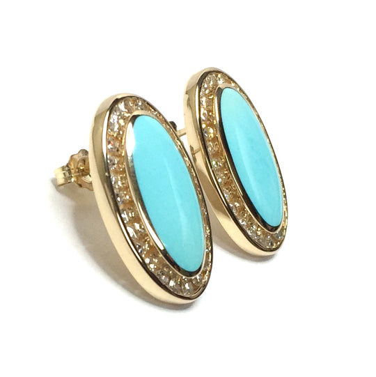 Sleeping Beauty Turquoise Oval Inlaid .73Ctw Diamond Earrings