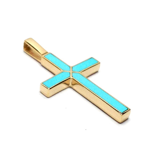 Sleeping Beauty Turquoise 4 Section Inlaid Cross Pendant
