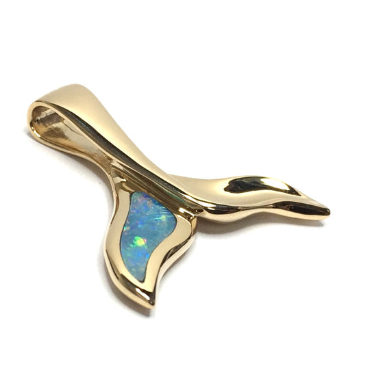 Whale Tail Necklaces Natural Australian Opal Single Side Inlaid Sea Life Pendant 14k Yellow Gold