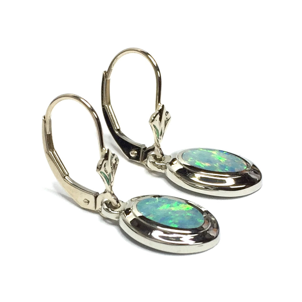 Opal Earrings oval Inlaid Design Lever Backs 14k White Gold