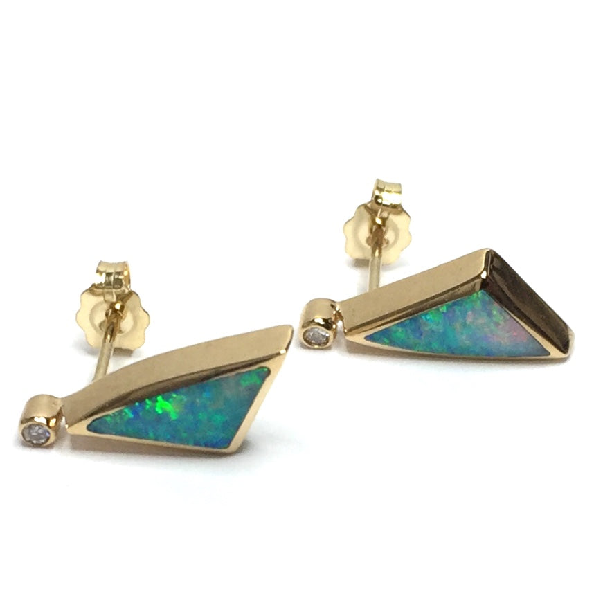 Opal Earrings Triangle Inlaid Design with .04ctw Round Diamonds 14k yellow Gold