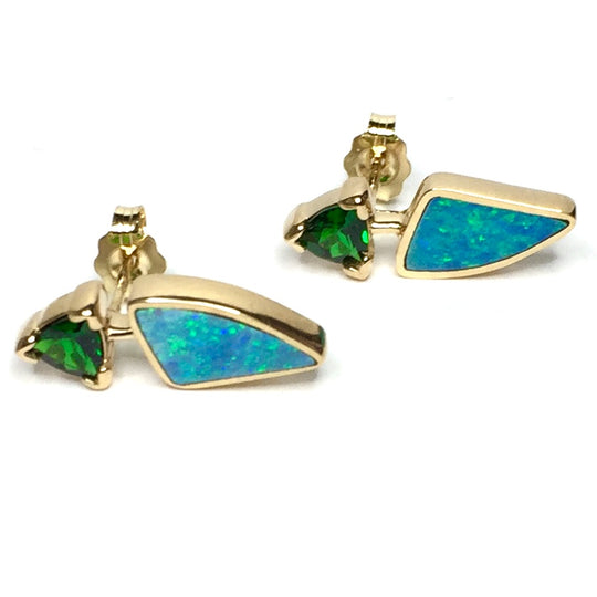 Opal Earrings Triangle Inlaid Trillion Cut Tsavorite Studs 14k Yellow Gold