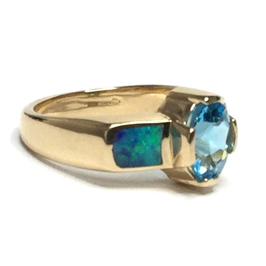Natural Australian Opal Rings 2 Section Inlaid Design Oval Swiss Blue Topaz 14k Yellow Gold