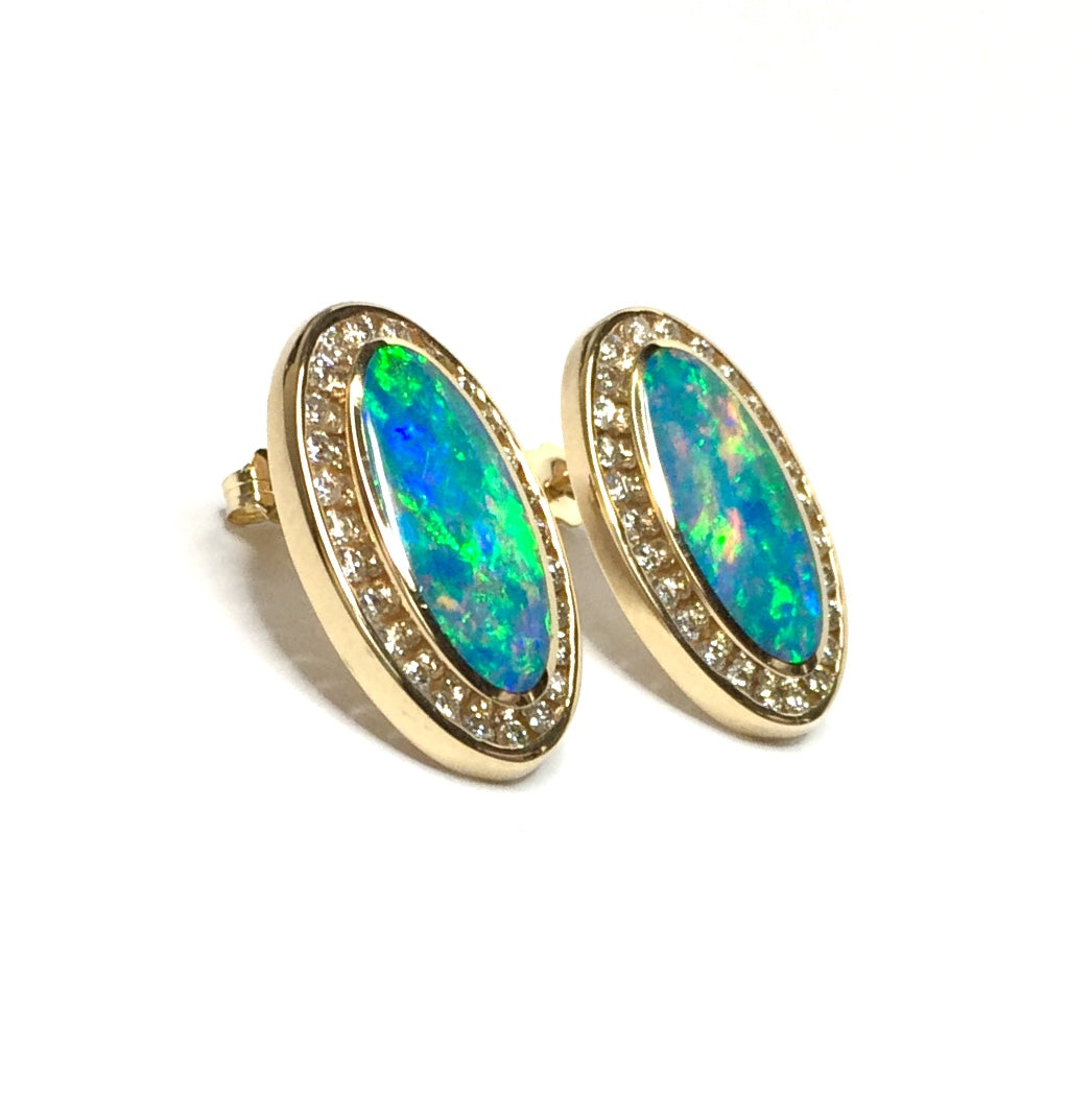 Opal Earrings Oval Inlaid Design .73ctw Round Diamonds Halo 14k Yellow Gold