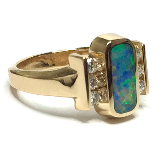 Natural Australian Opal Rings Oval Inlaid Design .24ctw Round Diamonds 14k Yellow Gold