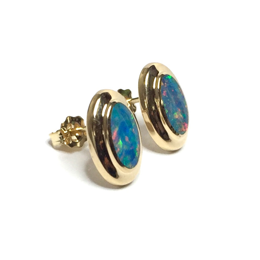 Opal Earrings Oval Inlaid Design Studs 14k Yellow Gold