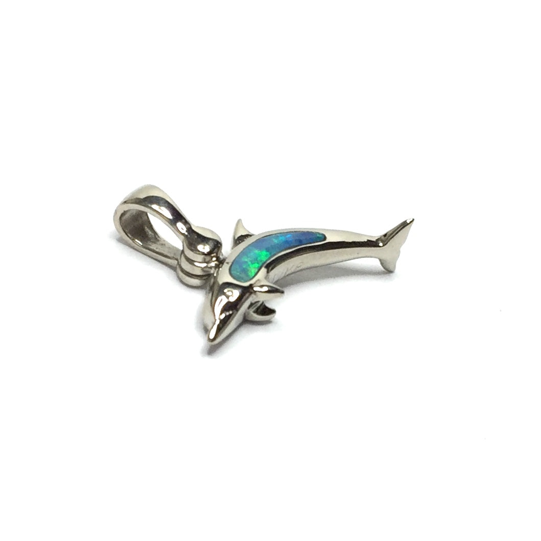Opal pendant Inlaid Realistic Dolphin Sea Life Design 14k White Gold