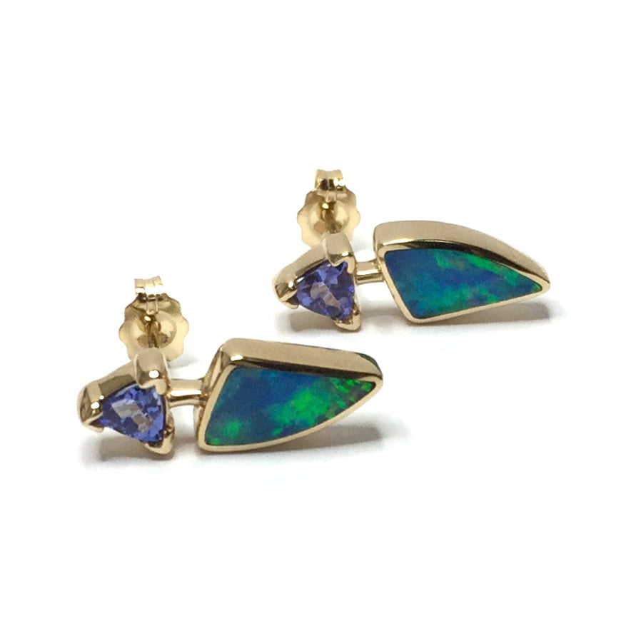 Opal Earrings Triangle Inlaid Trillion Cut Tanzanite Studs 14k Yellow Gold