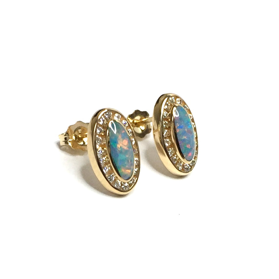 Opal Earrings Oval Inlaid .25ctw Round Diamond Halo Studs 14k Yellow gold