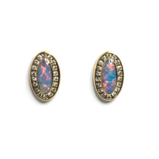 Opal Earrings Oval Inlaid .25ctw Round Diamond Halo Studs 14k Yellow gold