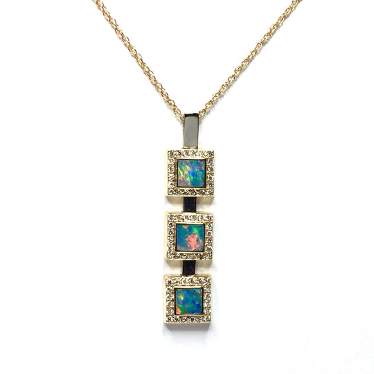 Opal pendant 3 Square Inlaid Design .43ctw Round Diamonds Halo 14k Yellow Gold