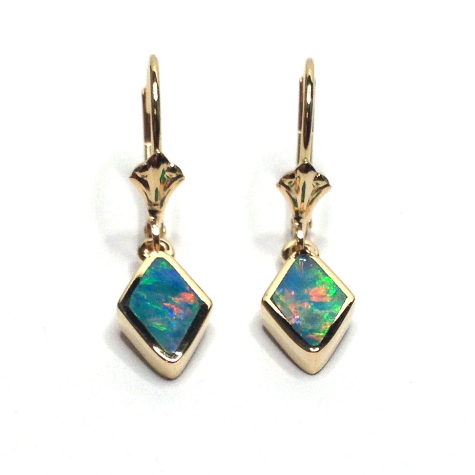 Opal Earrings Diamond Shape Inlaid Lever Backs 14k Yellow Gold