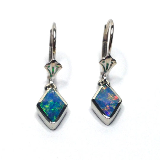 Opal Earrings Diamond Shape Inlaid Lever Backs 14k White Gold